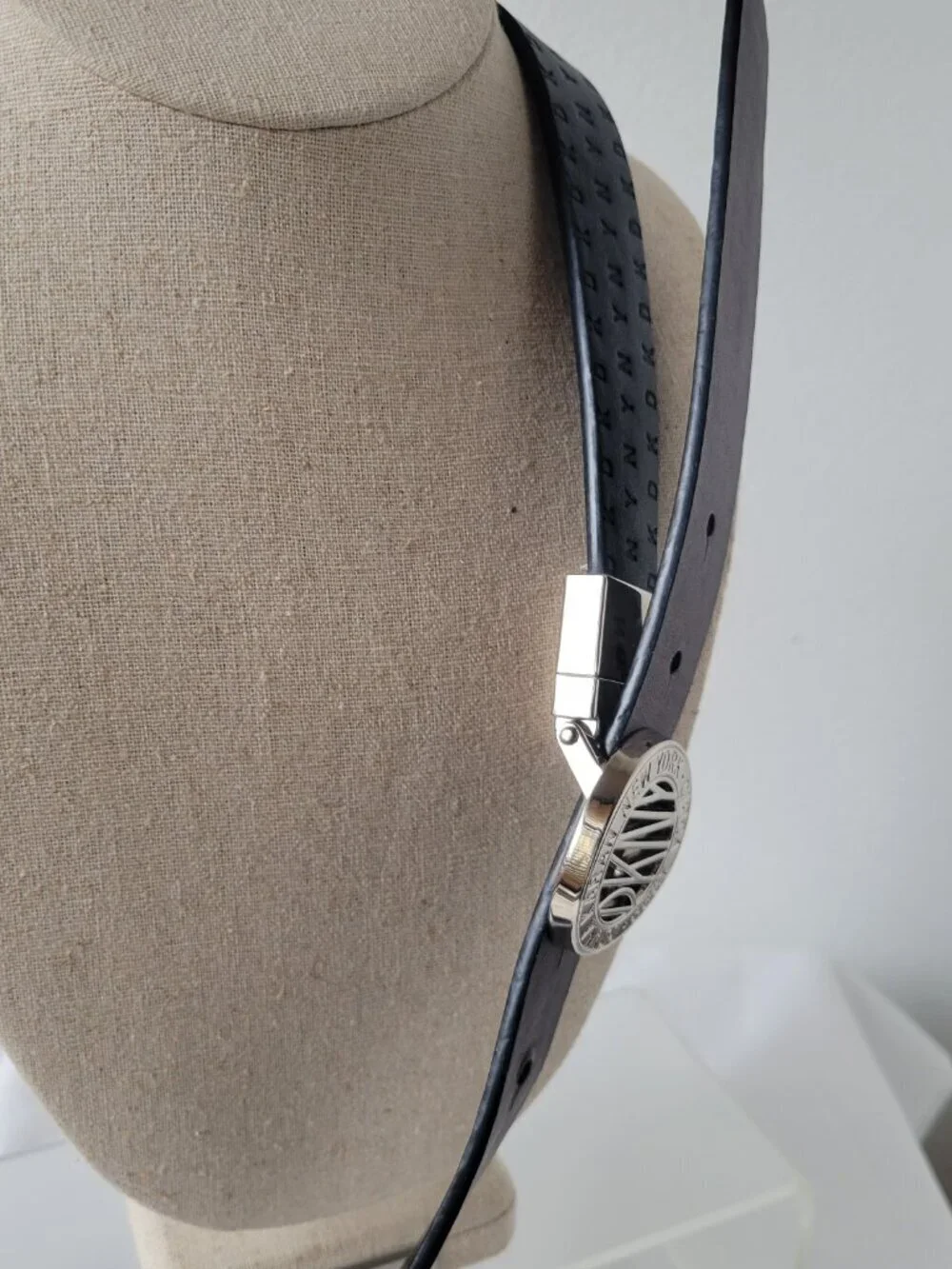 DKNY Black Logo w/Smooth B Silver Logo Buckle Belt (Size: S/M)